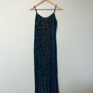 Jessica McClintock Gunne Sax Floral Blue Silver Iridescent Maxi Slip Dress